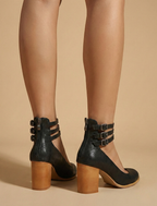 Women's Block Heels - Round Toe - Triple Ankle Straps - Buckle - Black, back zip view