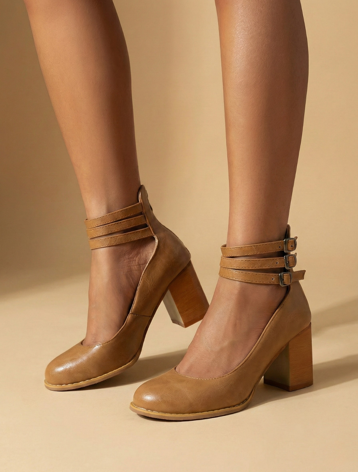 Women's Block Heels - Round Toe - Triple Ankle Straps - Buckle - Brown, worn