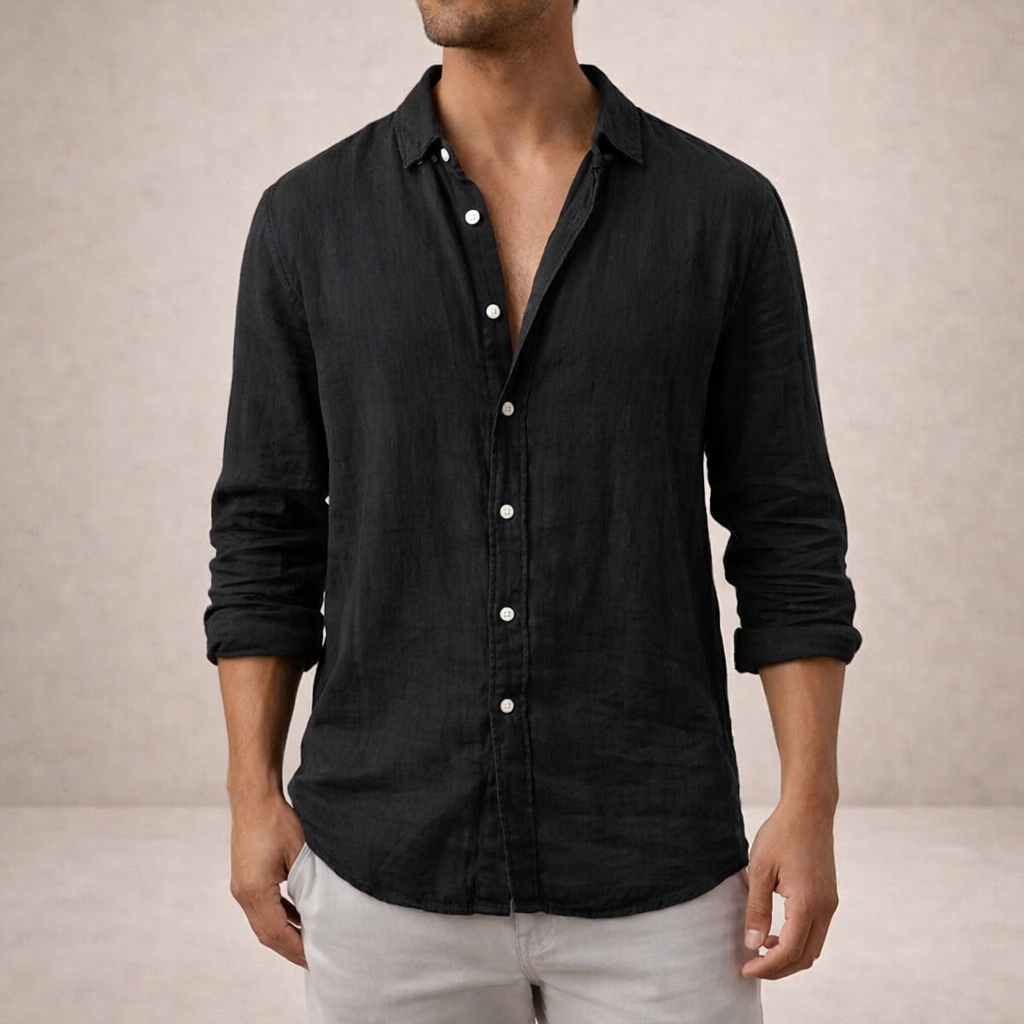 Men's Long Sleeve Button-Front Shirt - Classic Collar - Black