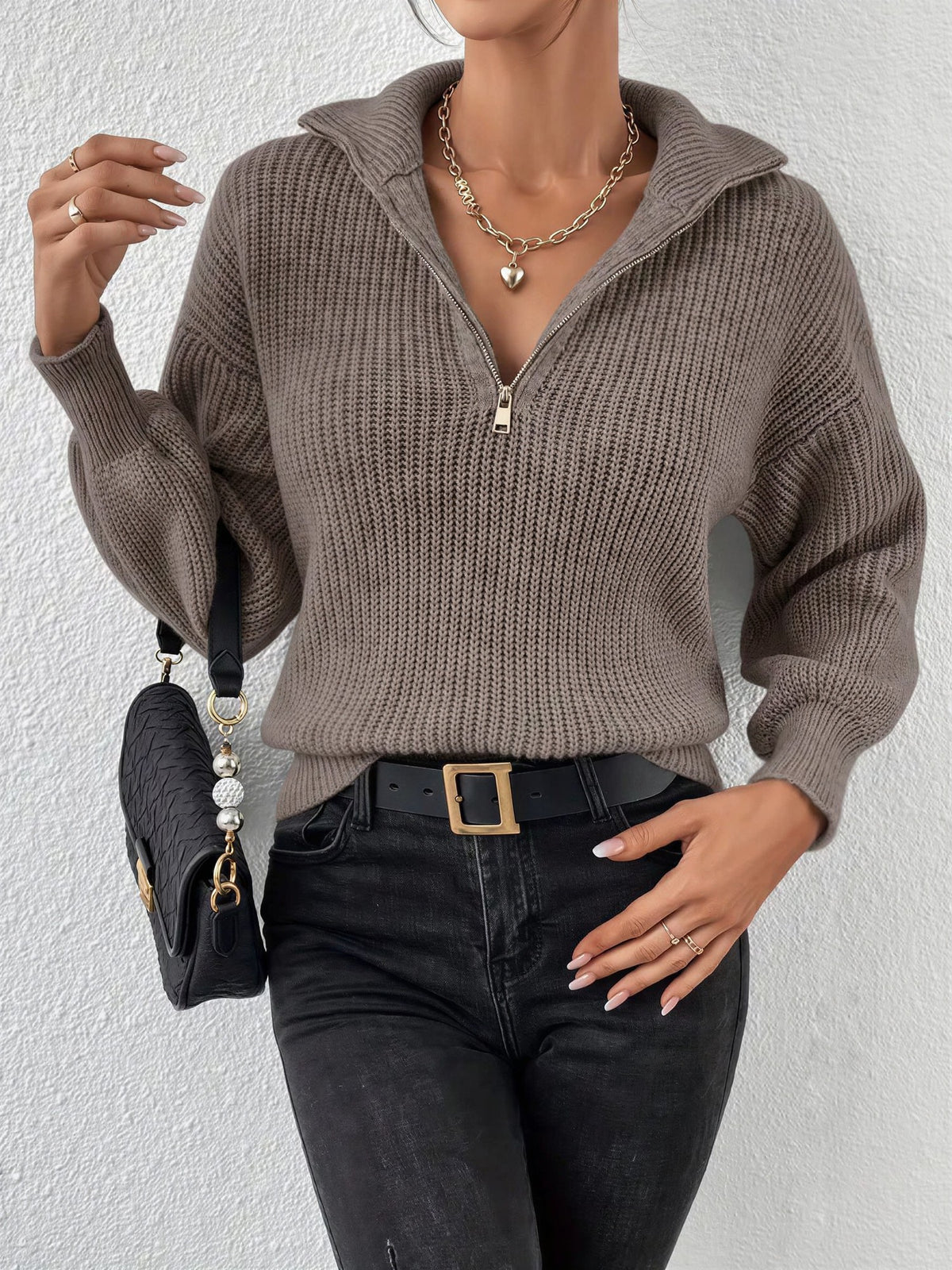 Women's Chunky Half-Zip Jumper - Brown, front view