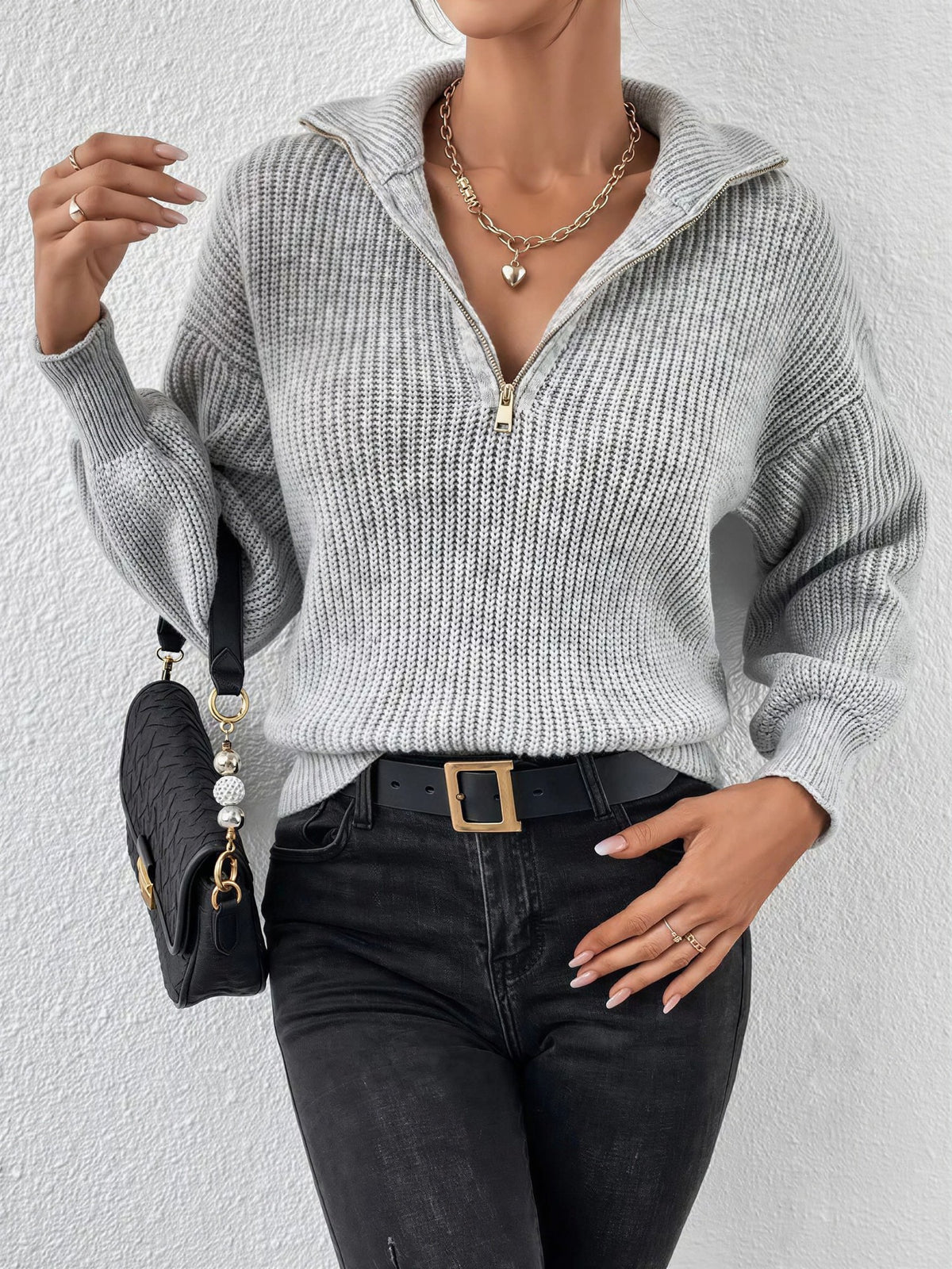Women's Chunky Half-Zip Jumper - Grey, front view