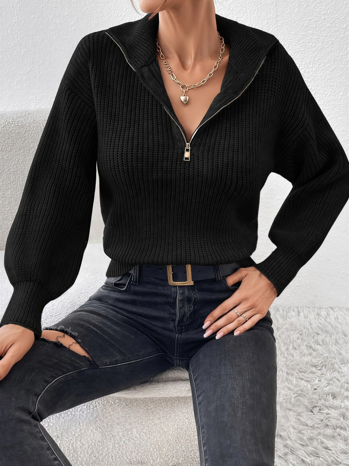 Women's Chunky Half-Zip Jumper - Black, front view
