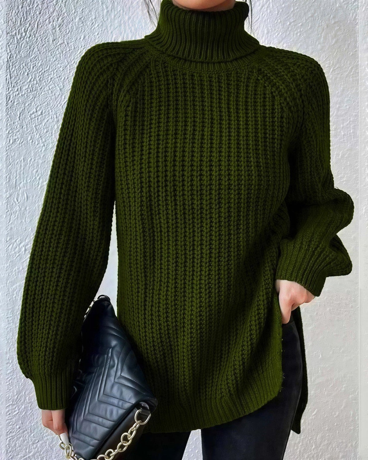 Women's Chunky Turtleneck Jumper - Army Green, front view