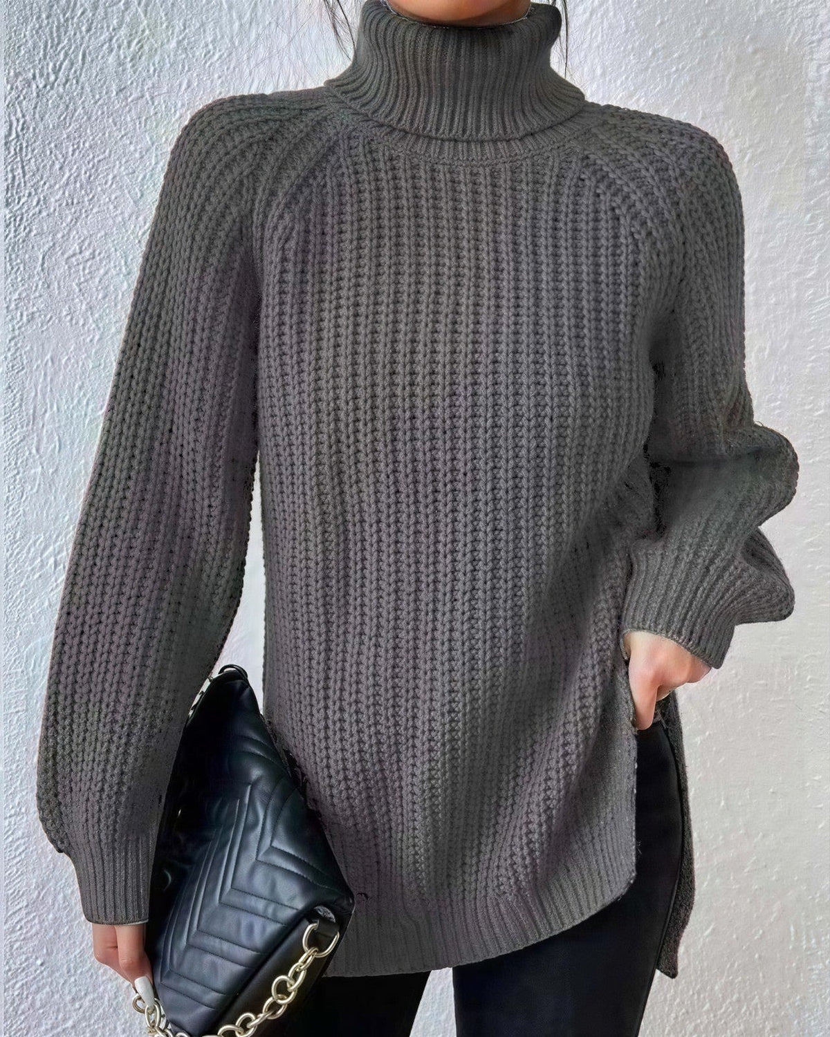 Women's Chunky Turtleneck Jumper - Dark Grey, front view