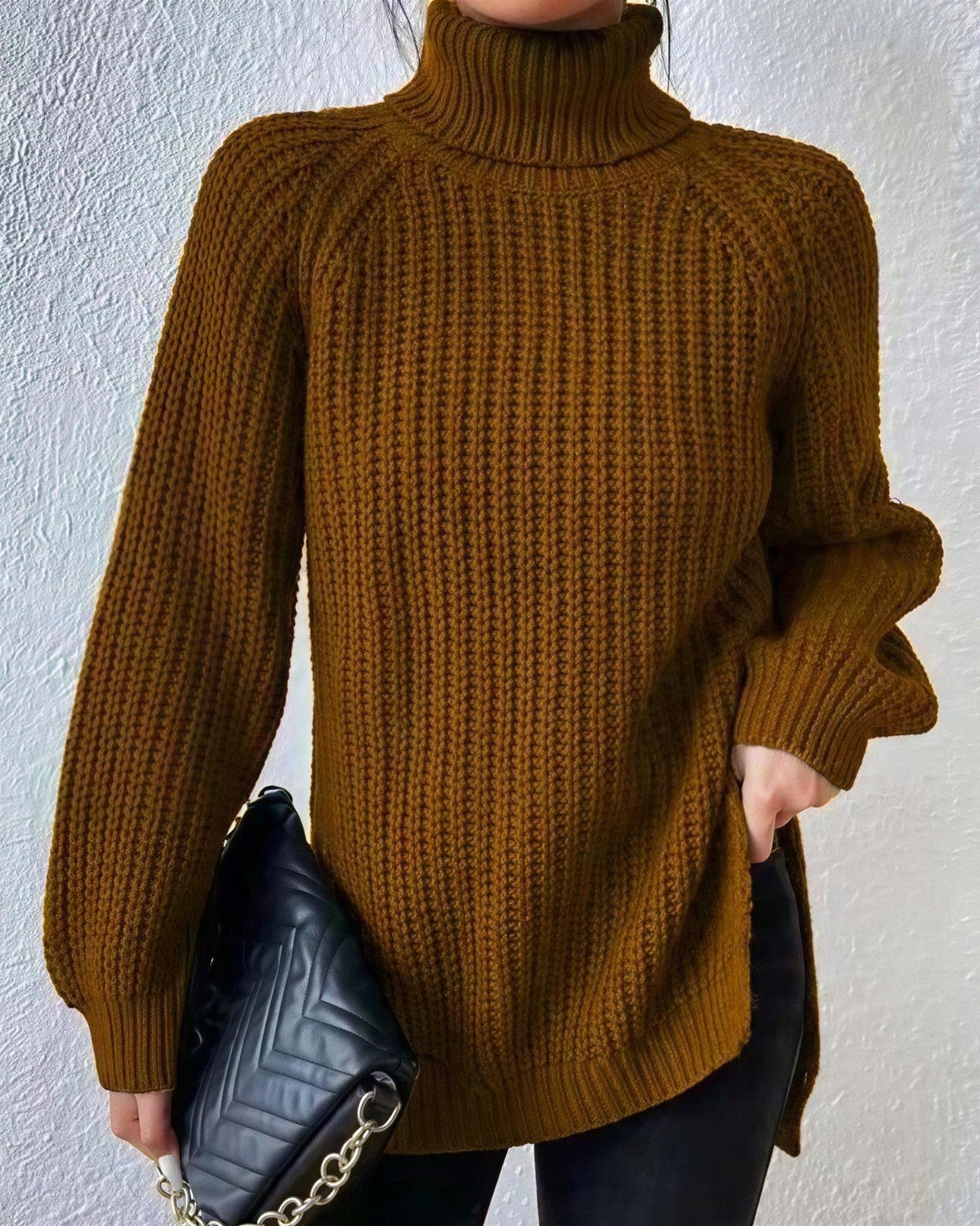 Women's Chunky Turtleneck Jumper - Camel, front view