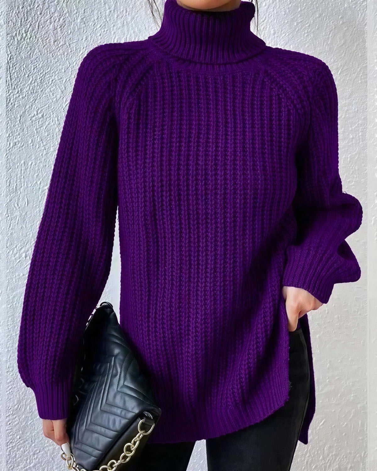 Women's Chunky Turtleneck Jumper - Purple, front view