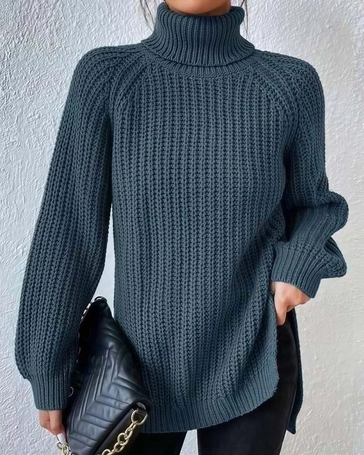 Women's Chunky Turtleneck Jumper - Dusty Blue, front view