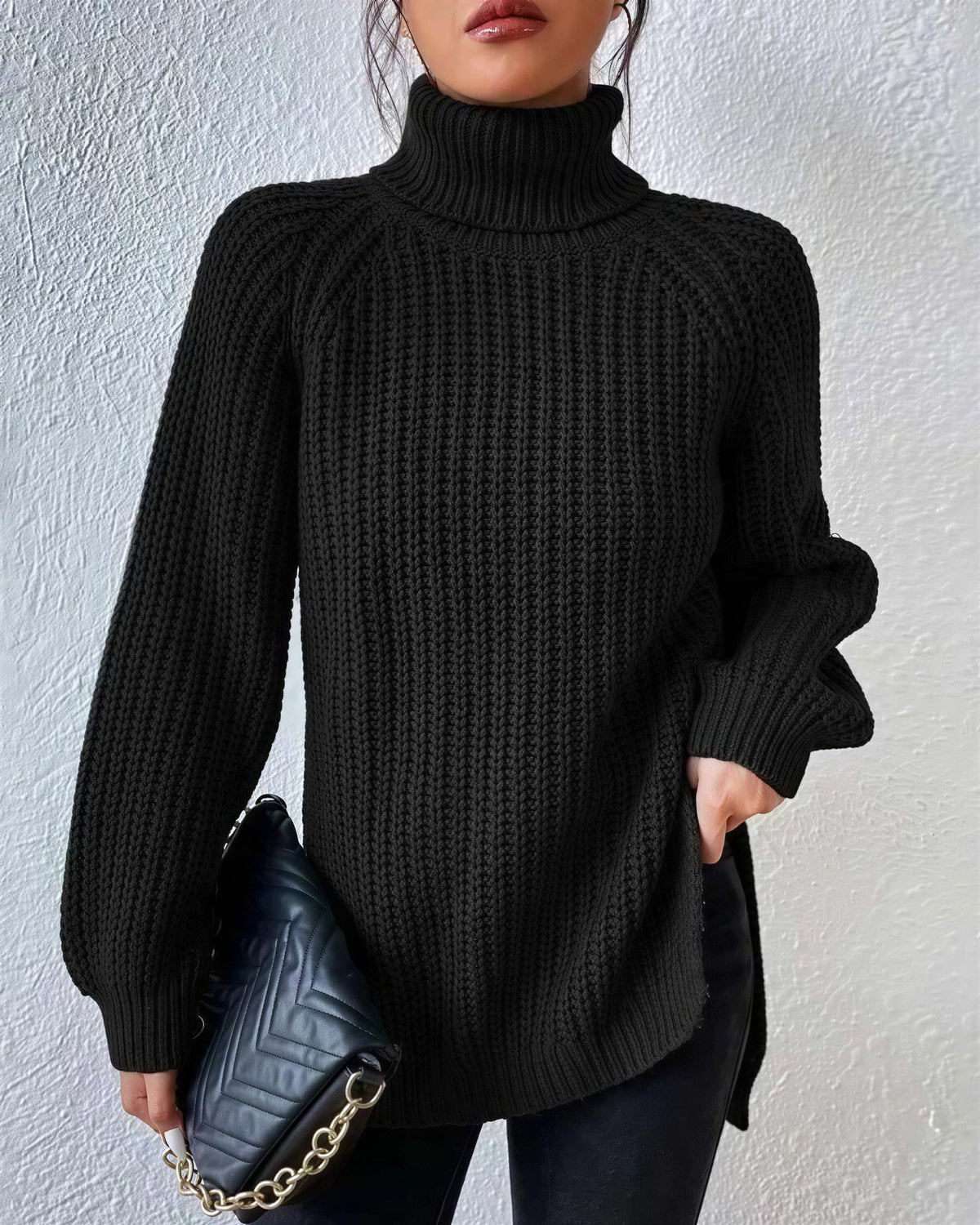 Women's Chunky Turtleneck Jumper - Black, front view