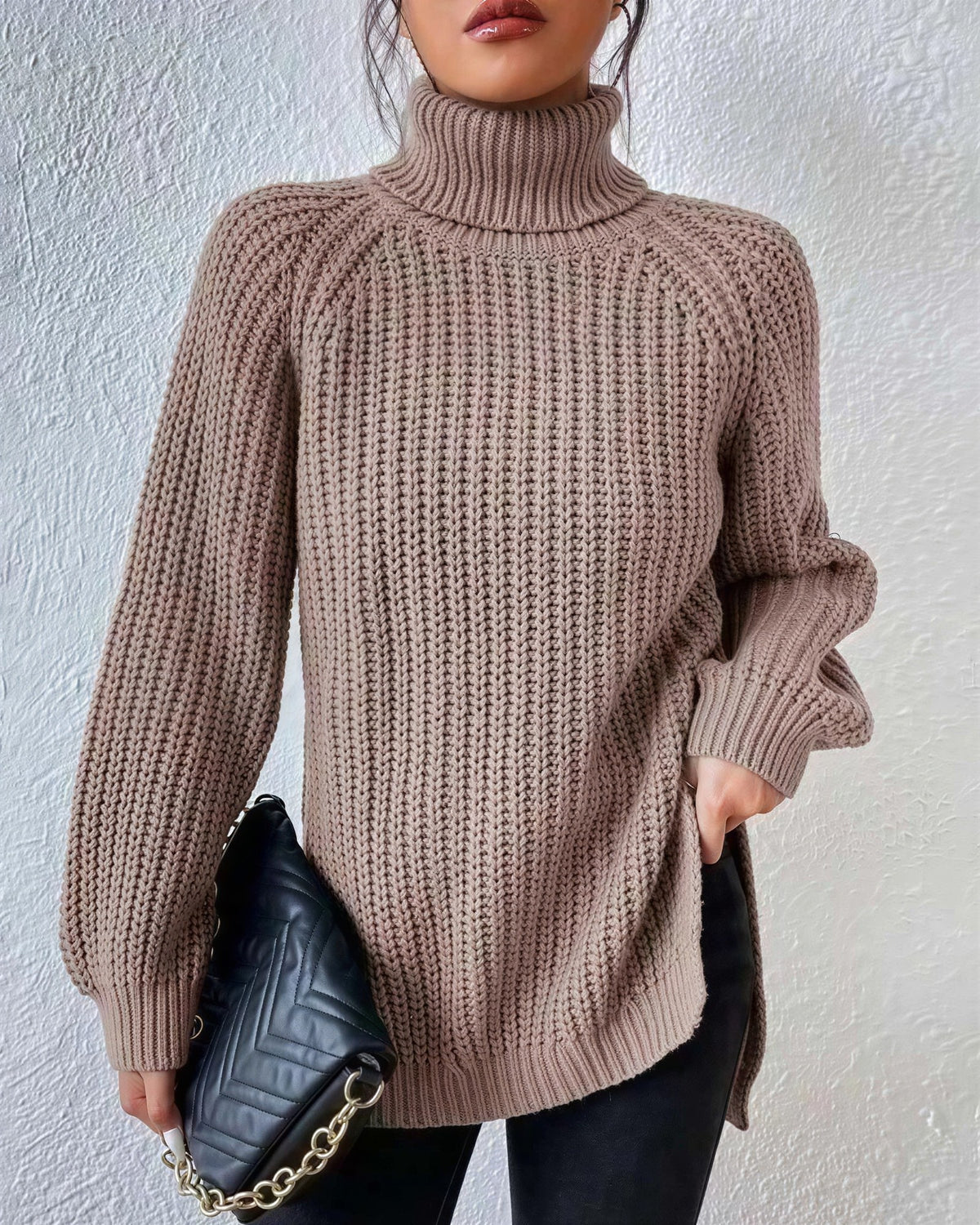Women's Chunky Turtleneck Jumper - Khaki, front view