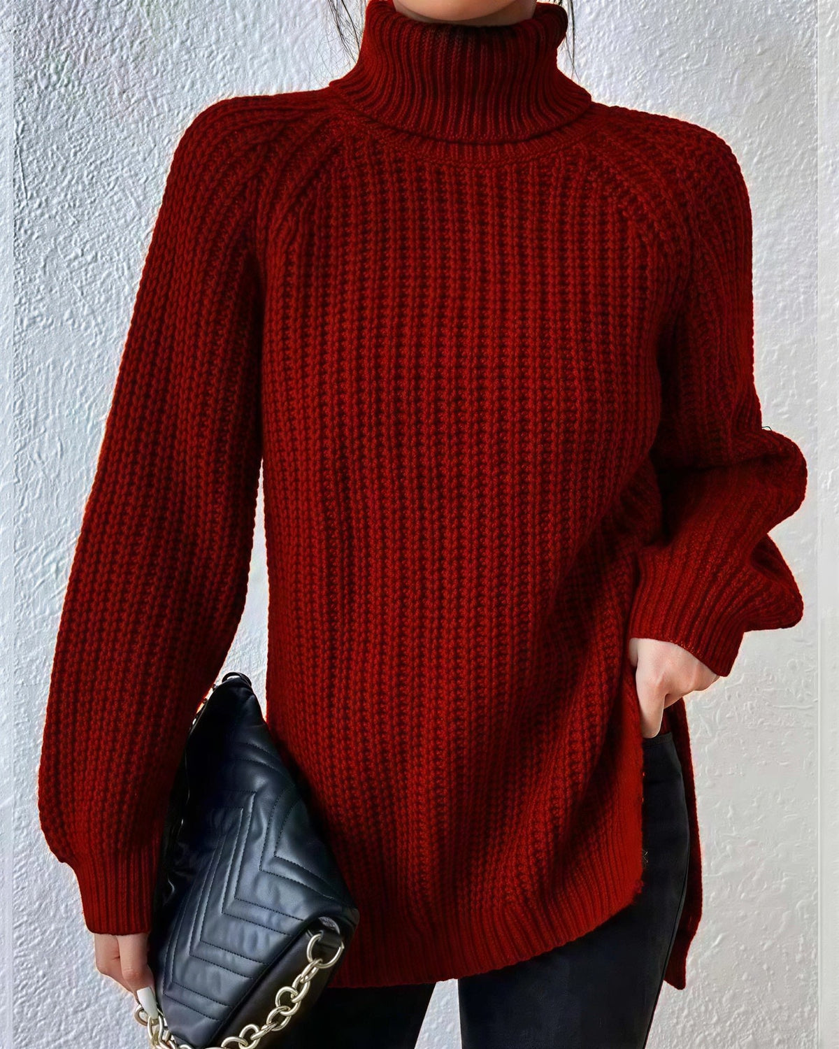Women's Chunky Turtleneck Jumper - Wine Red, front view