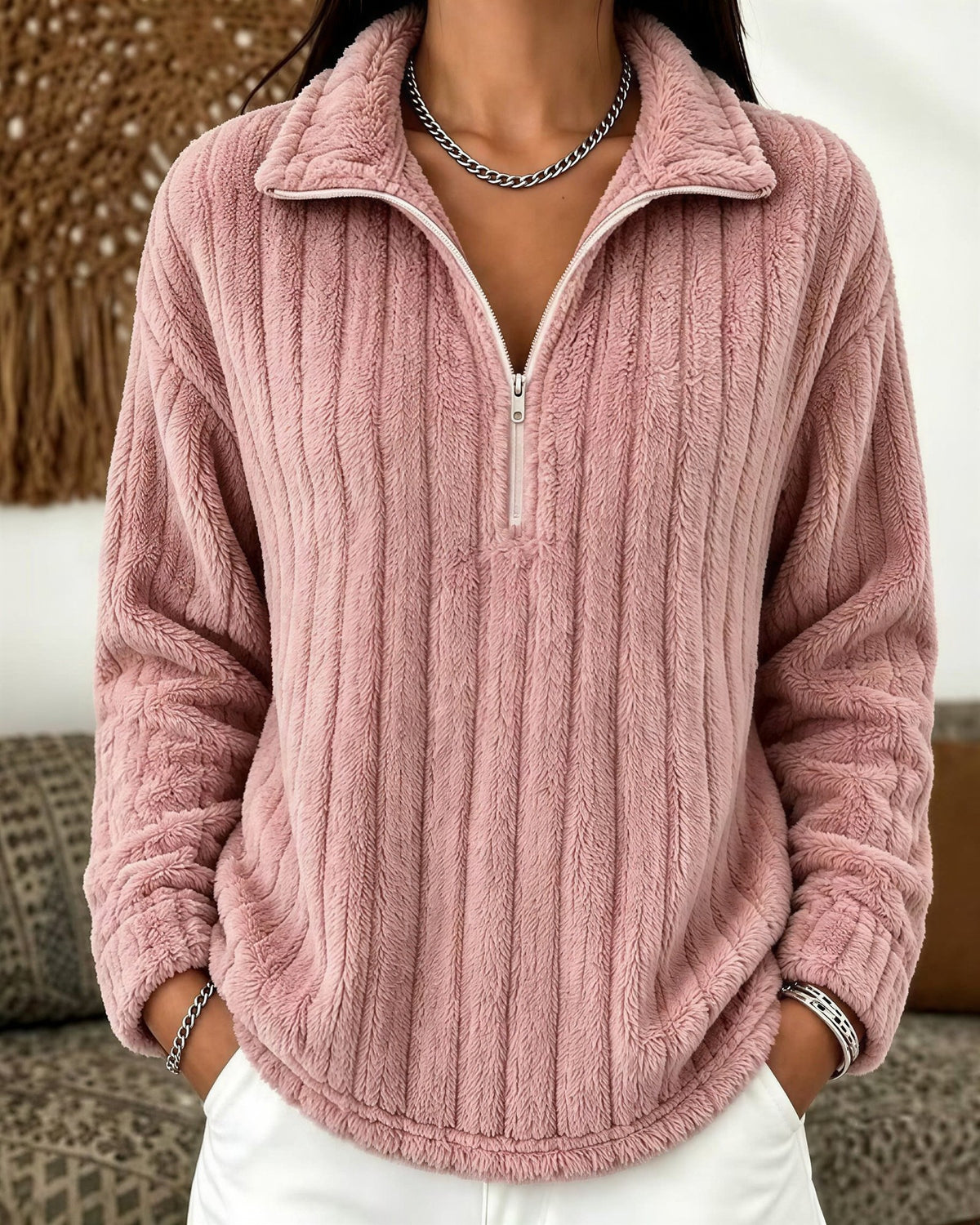 Women's Ribbed Fleece Half-Zip Sweatshirt - Pink, front view