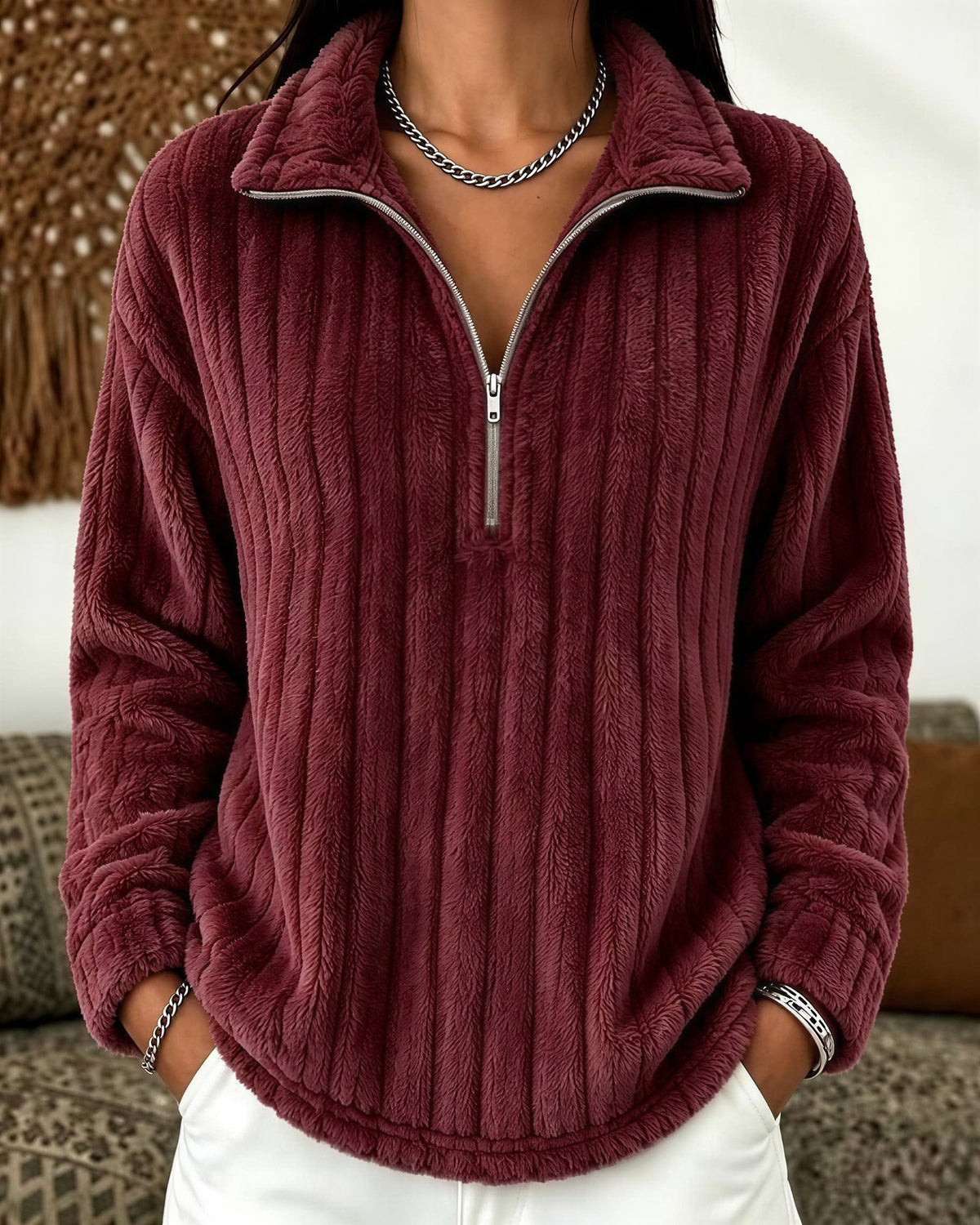 Women's Ribbed Fleece Half-Zip Sweatshirt - Red, front view