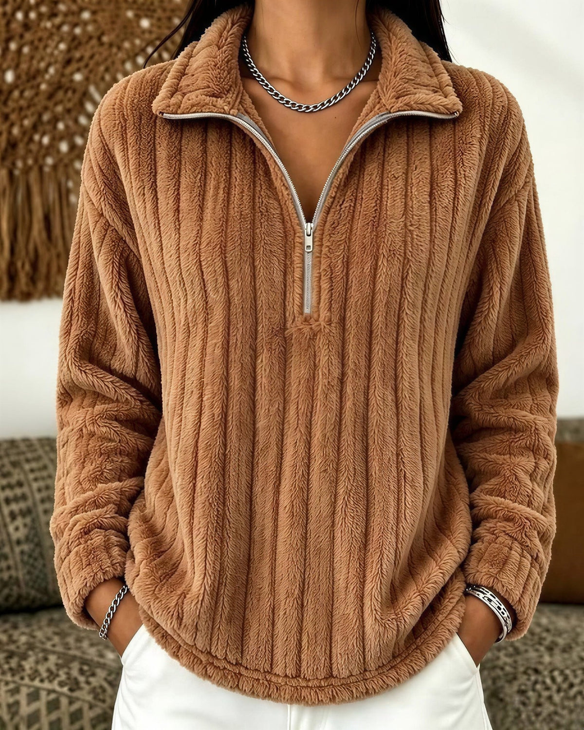 Women's Ribbed Fleece Half-Zip Sweatshirt - Light Brown, front view