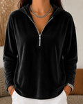 Women's Velvet Quarter-Zip Hoodie - Black, front view