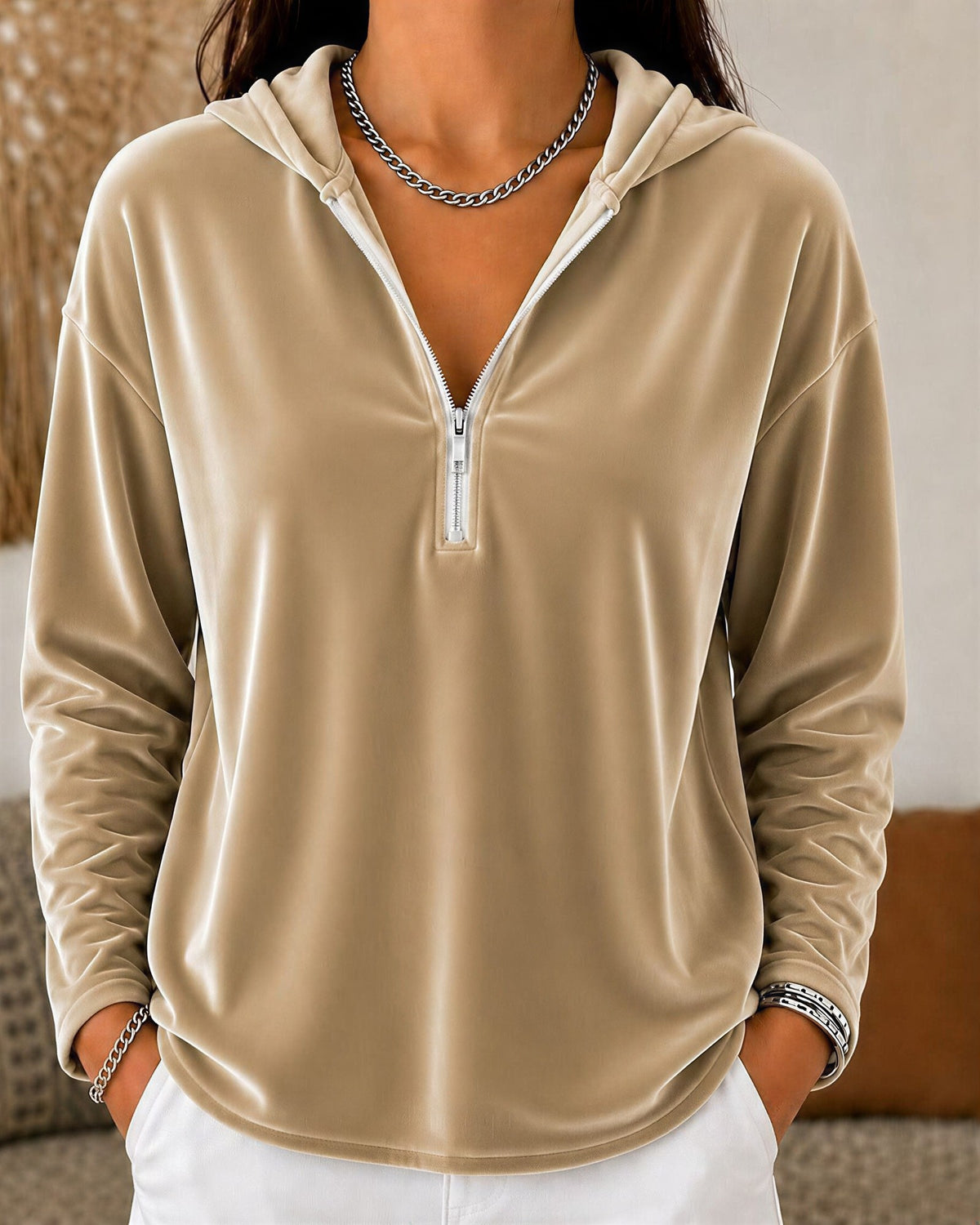 Women's Velvet Quarter-Zip Hoodie - Beige, front view