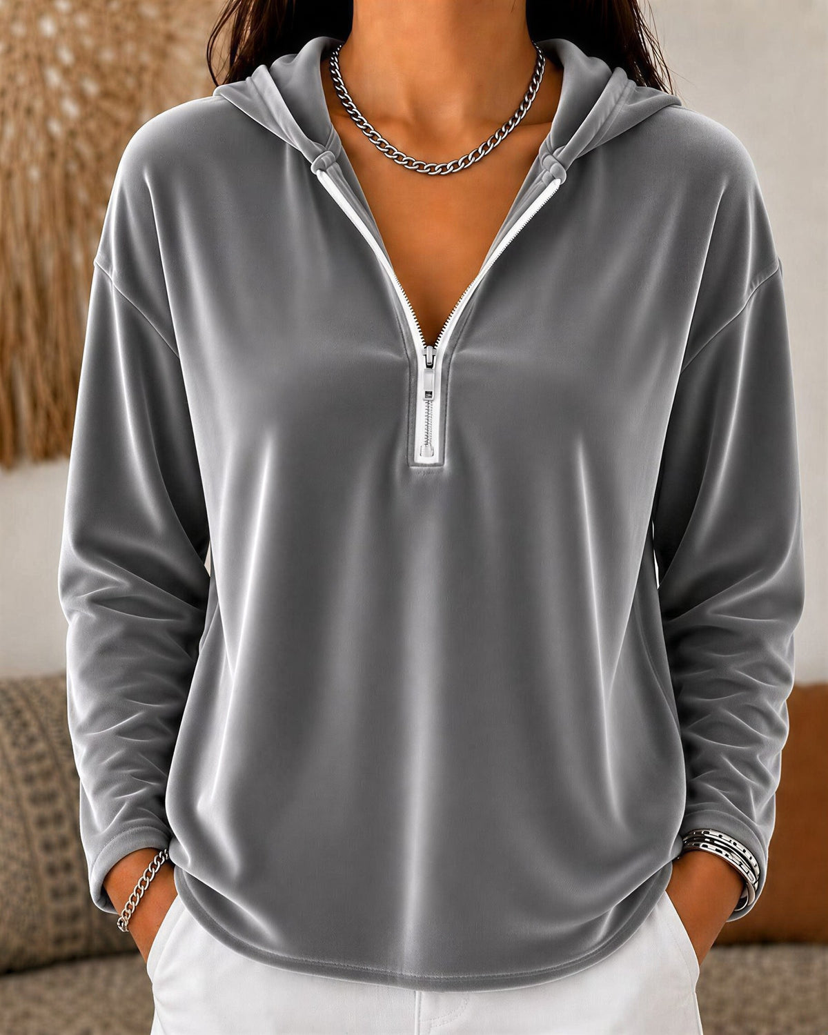 Women's Velvet Quarter-Zip Hoodie - Grey, front view