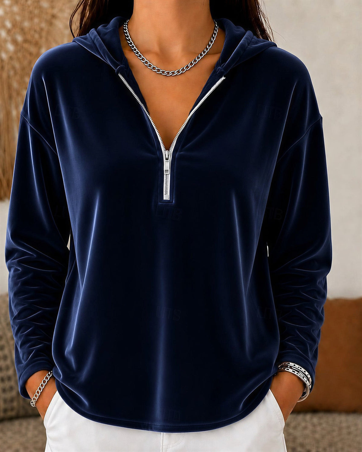 Women's Velvet Quarter-Zip Hoodie - Navy Blue, front view