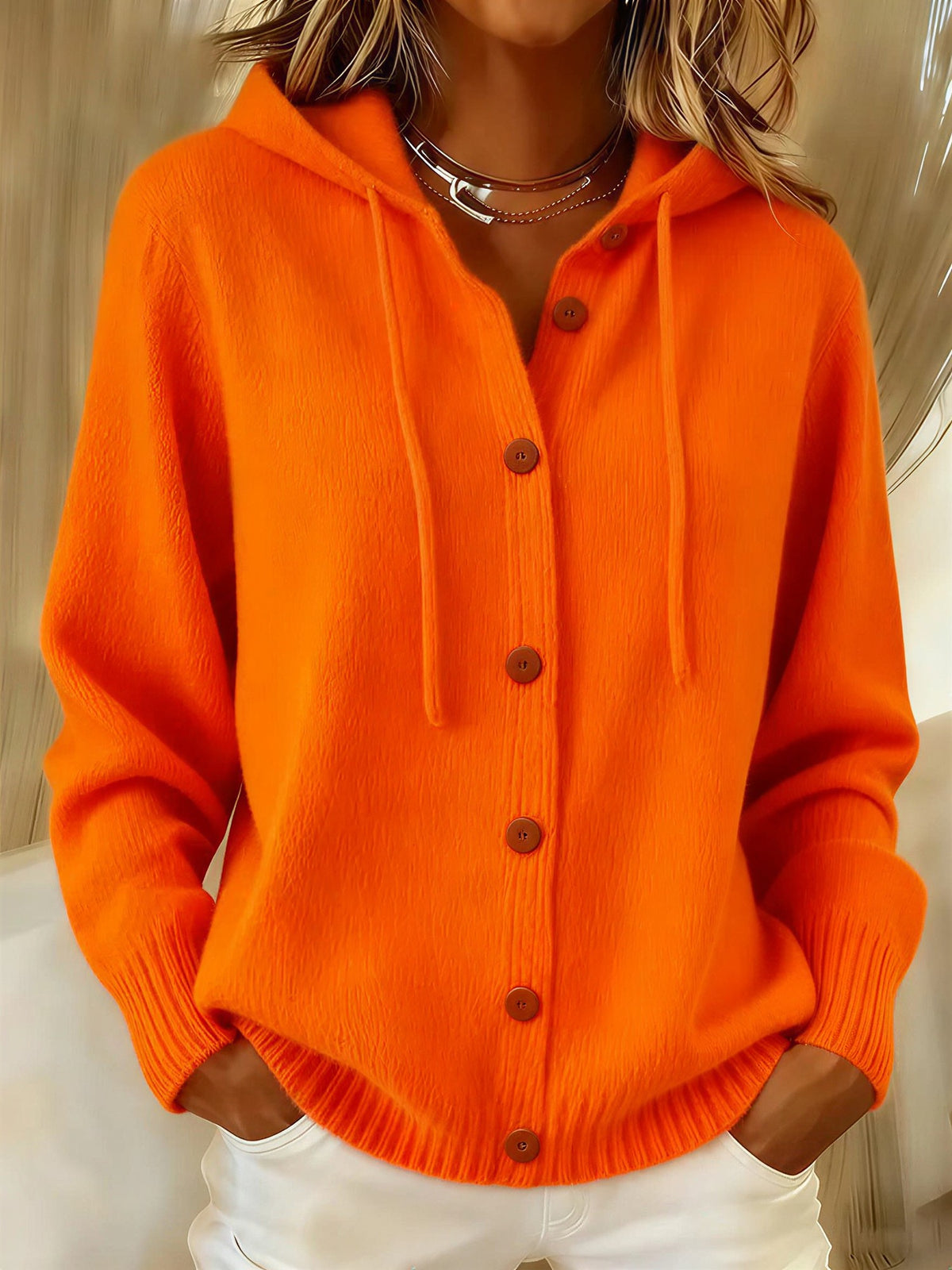 Women's Hooded Knit Cardigan - Orange, front view