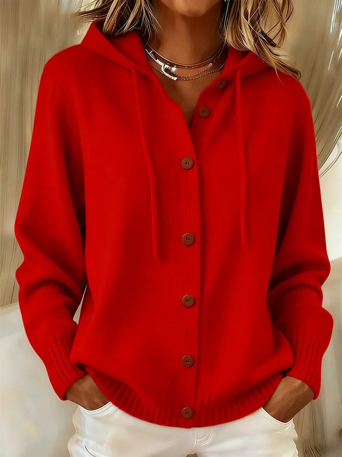 Women's Hooded Knit Cardigan - Red, front view