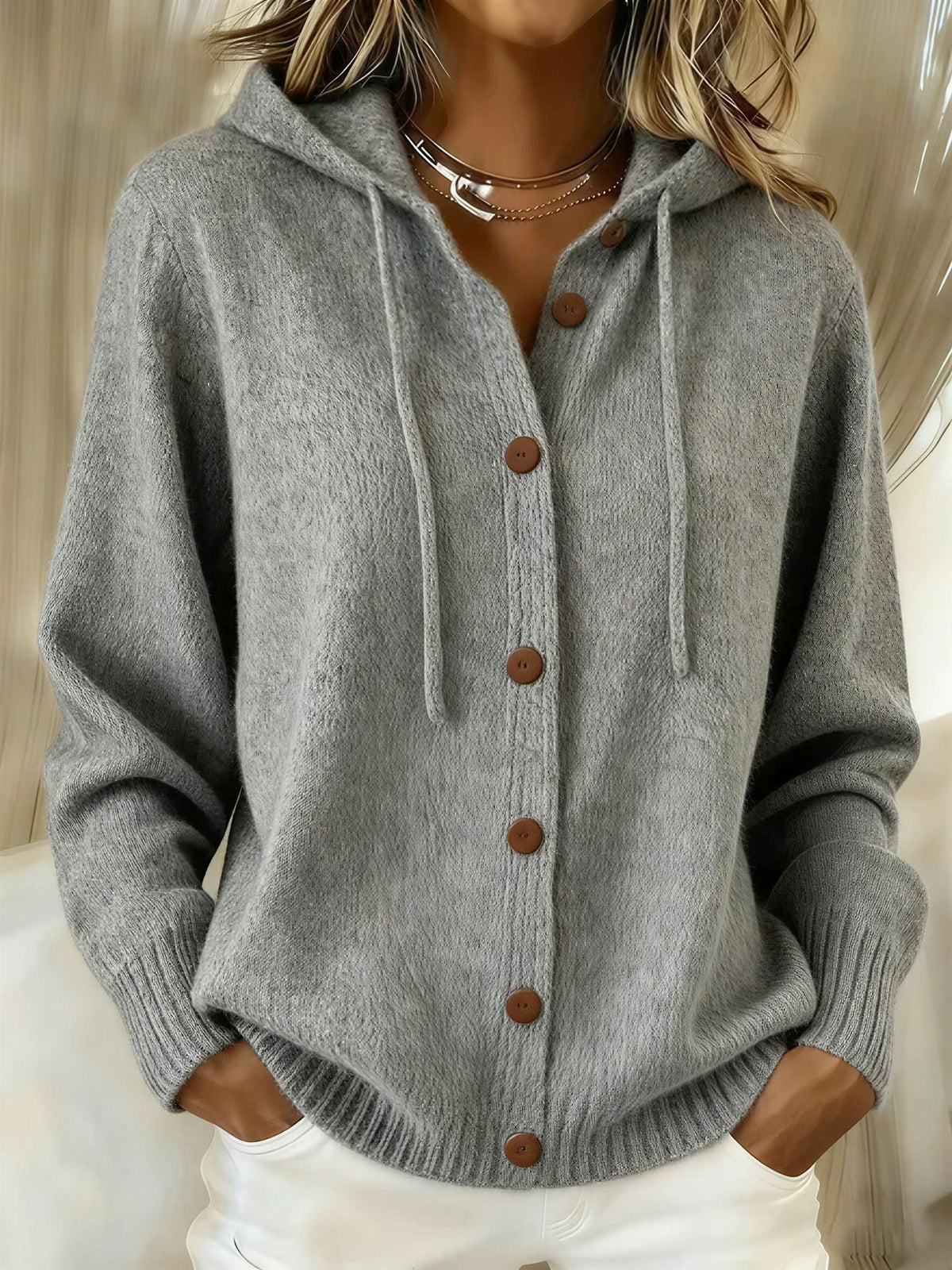 Women's Hooded Knit Cardigan - Grey, front view