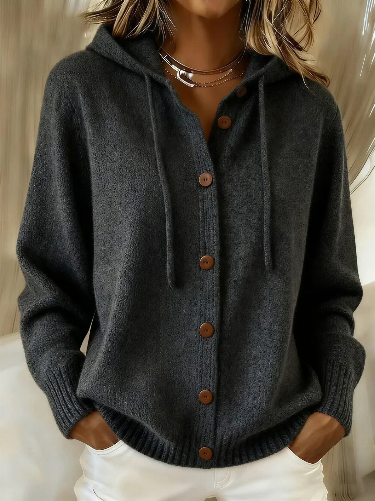 Women's Hooded Knit Cardigan - Black, front view