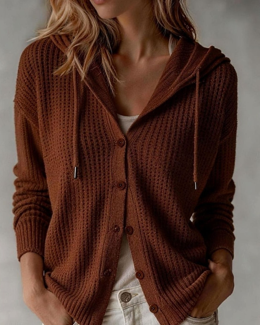 Women's Hooded Waffle Knit Cardigan - Brown, front view