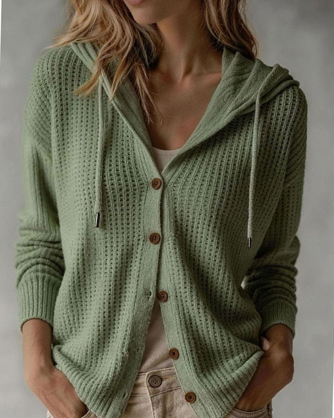 Women's Hooded Waffle Knit Cardigan - Green, front view