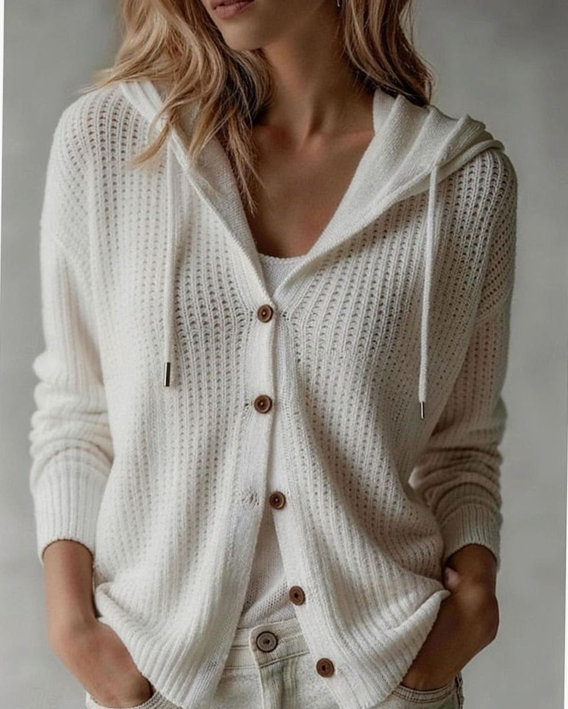 Women's Hooded Waffle Knit Cardigan - White, front view