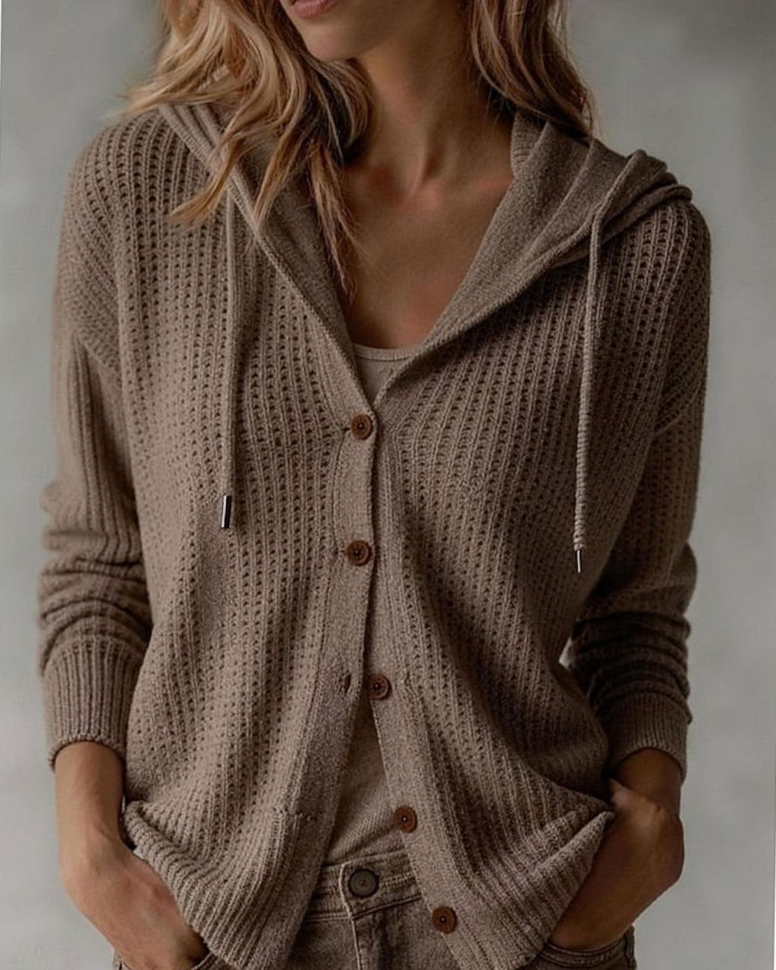 Women's Hooded Waffle Knit Cardigan - Khaki, front view