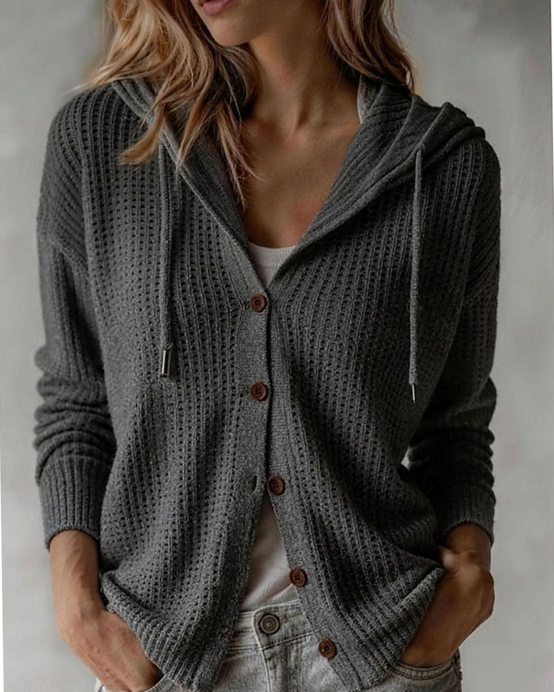 Women's Hooded Waffle Knit Cardigan - Grey, front view
