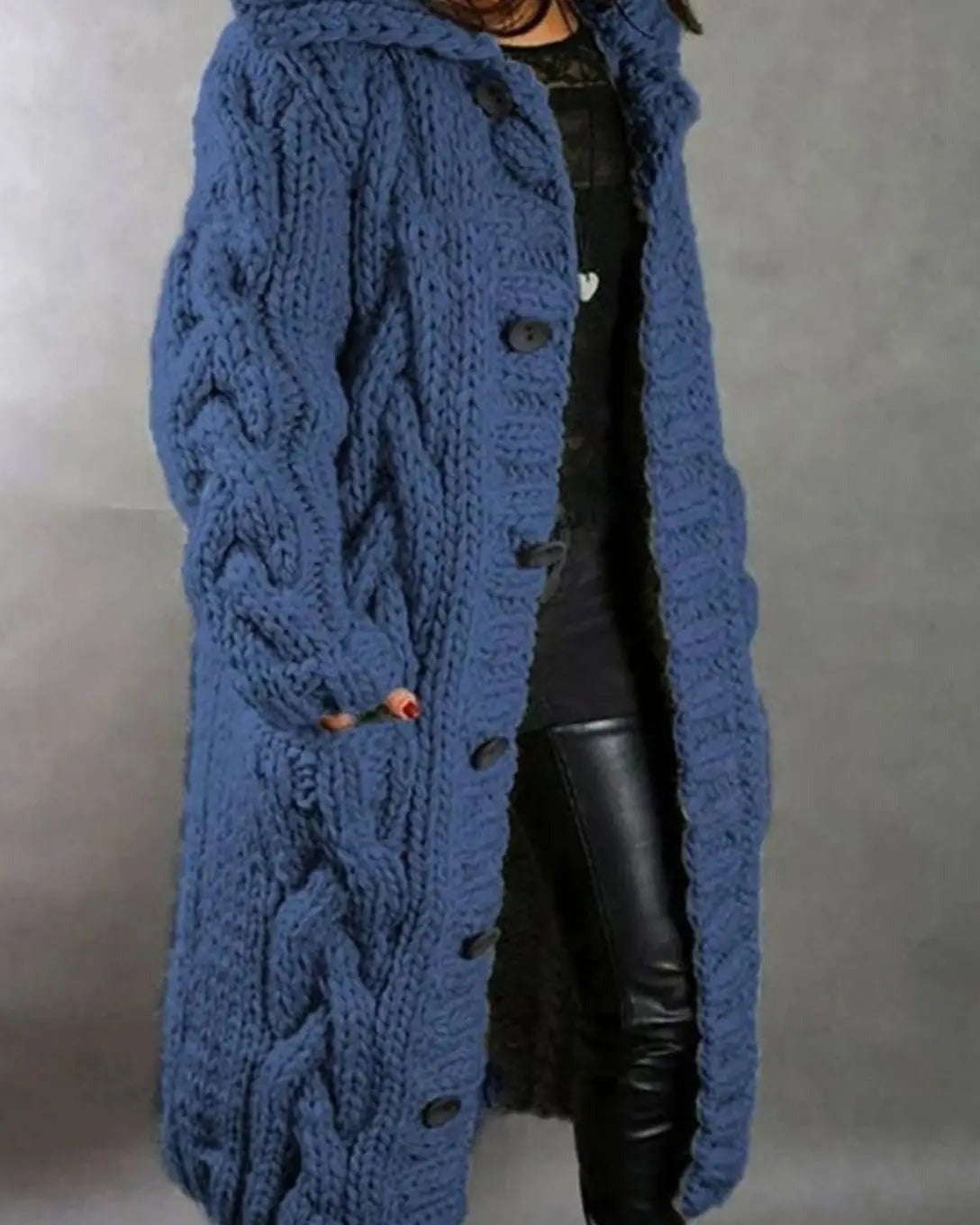 Women's Hooded Cable Knit Cardigan - Blue, front view