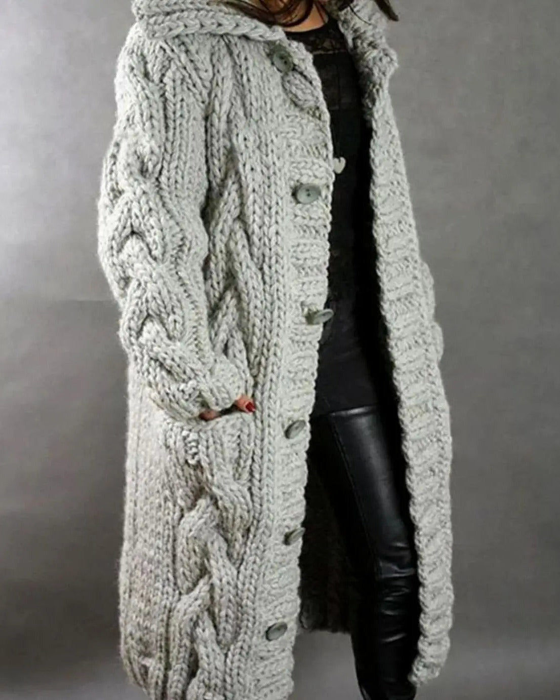 Women's Hooded Cable Knit Cardigan - Silver Grey, front view