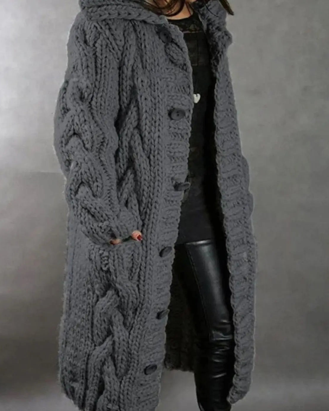 Women's Hooded Cable Knit Cardigan - Dark Grey, front view