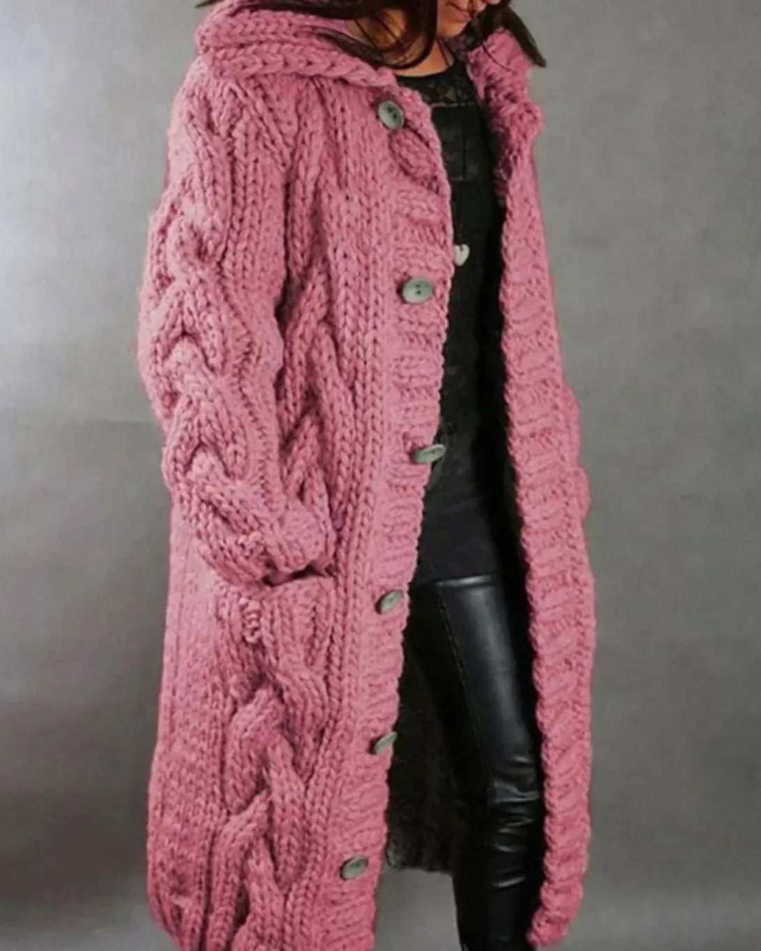 Women's Hooded Cable Knit Cardigan - Pink, front view