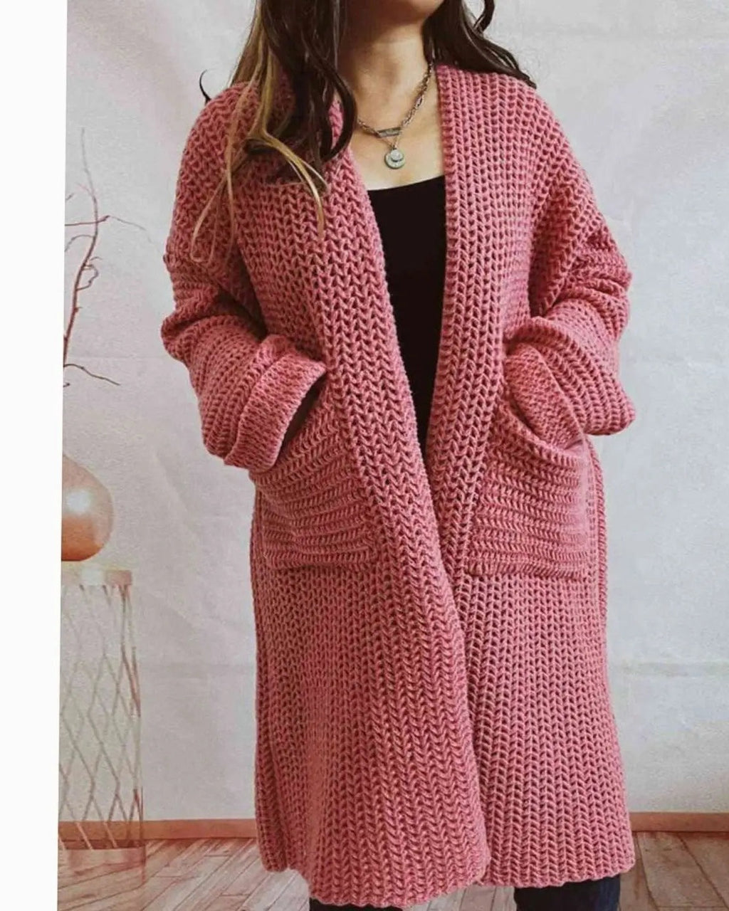 Women's Oversized Chunky Cardigan - Coral Pink, front view