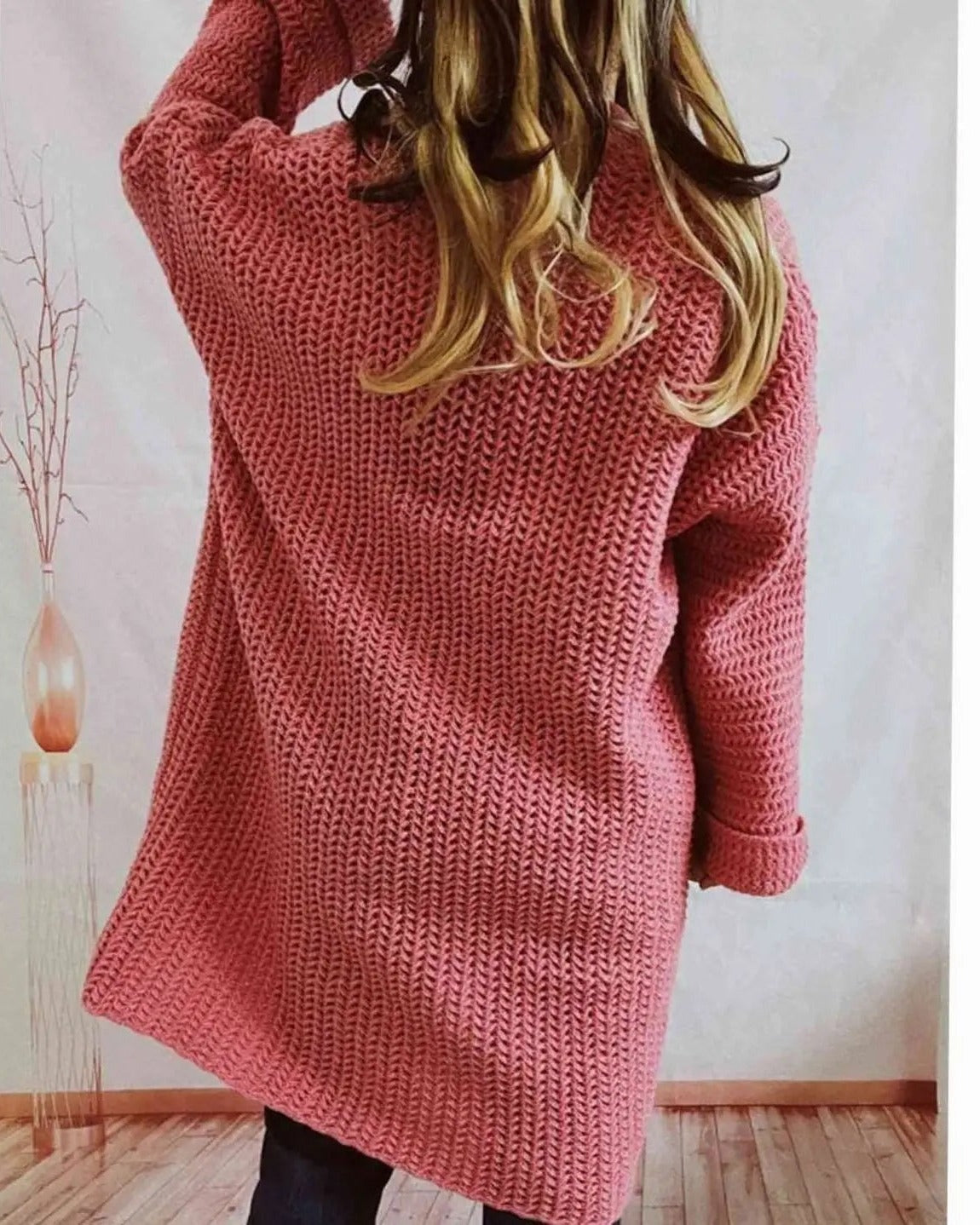Women's Oversized Chunky Cardigan - Coral Pink, detail view