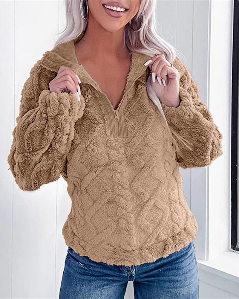 Women's Oversized Fleece Pullover - Khaki, detail view