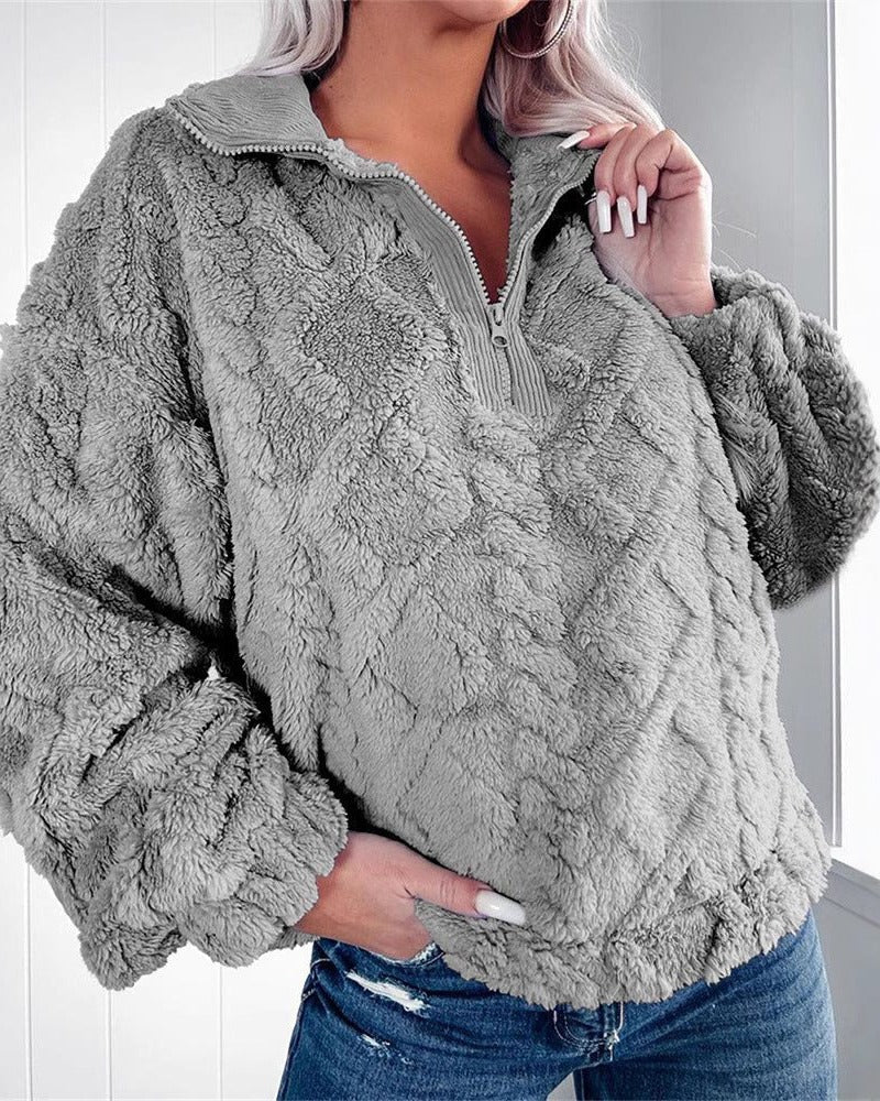 Women's Oversized Fleece Pullover - Grey, detail view