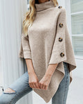 Women's Turtleneck Knit Poncho - Beige, front view