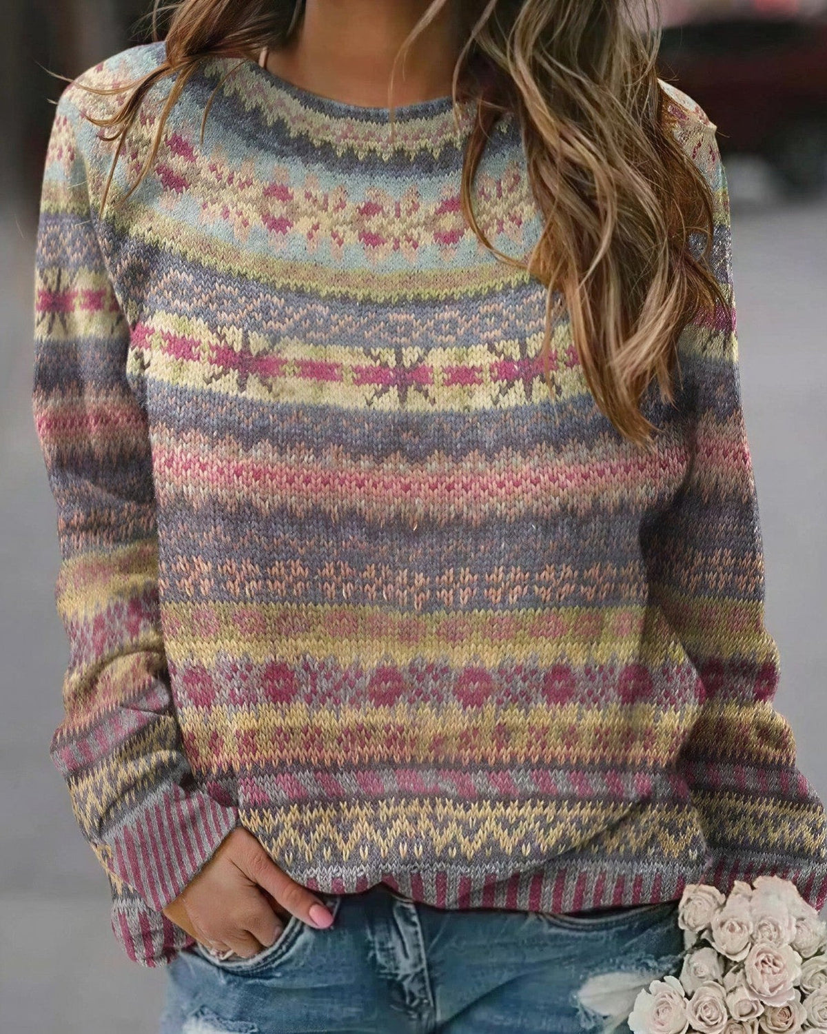 Women's Fair Isle Knit Jumper - Khaki, front view