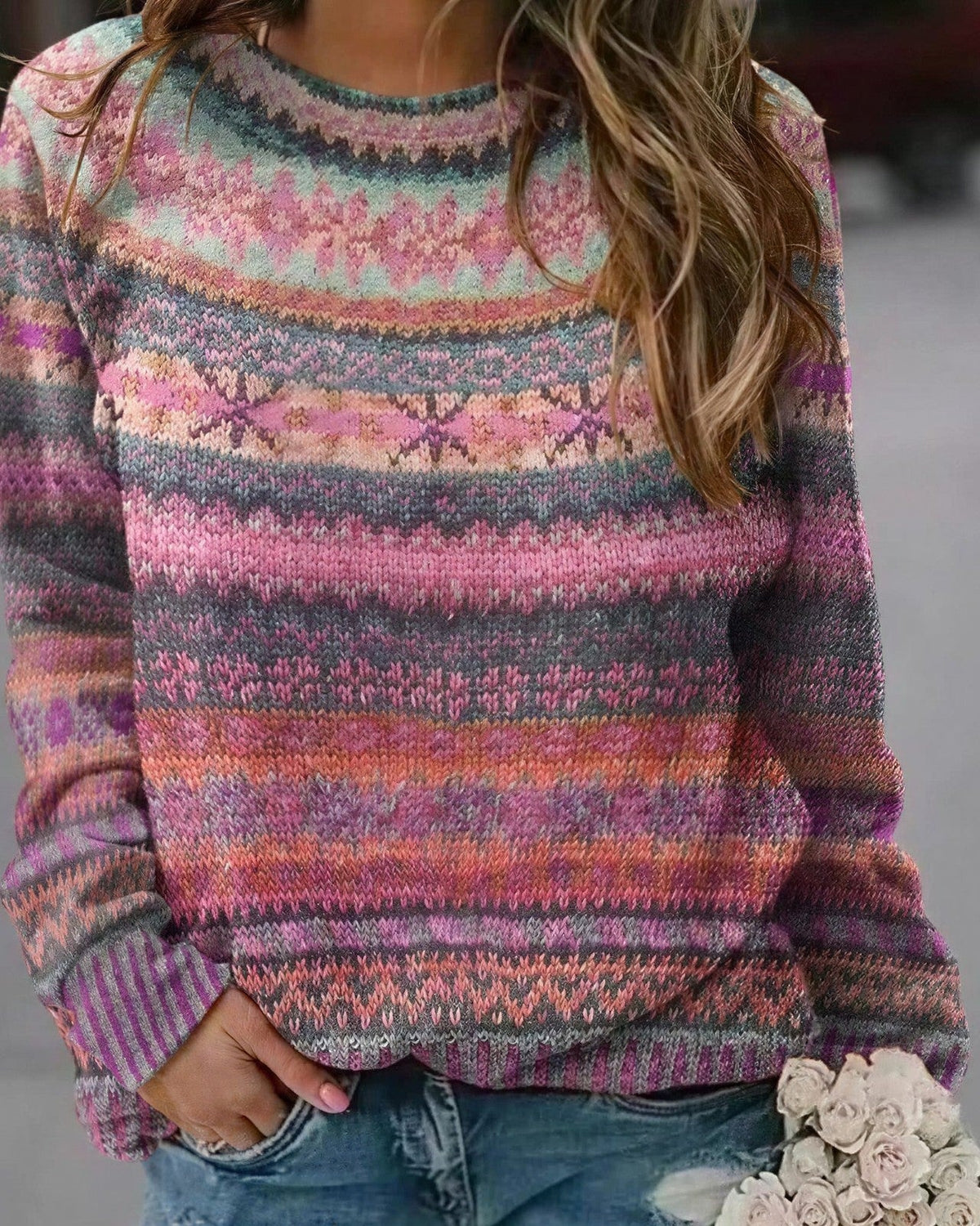 Women's Fair Isle Knit Jumper - Pink, front view