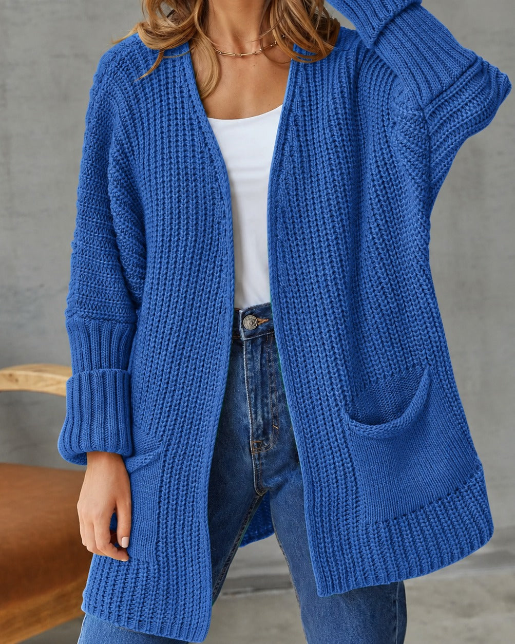 Women's Open Front Knit Cardigan - Blue, front view
