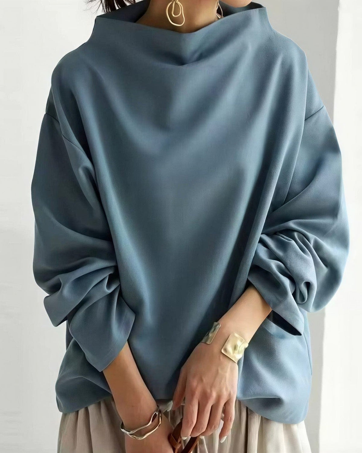 Women's Oversized Draped Neck Jumper - Blue, front view