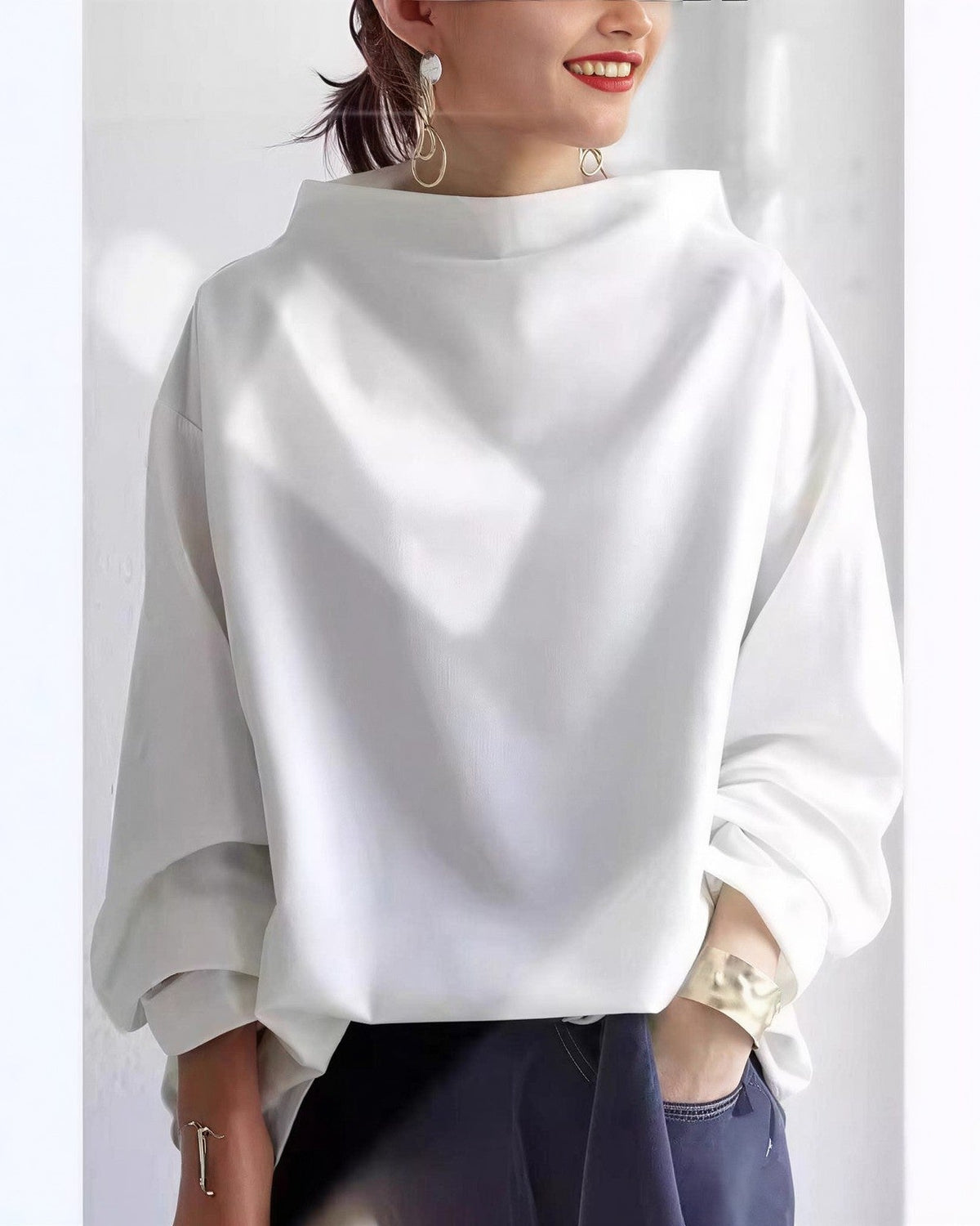 Women's Oversized Draped Neck Jumper - White, front view
