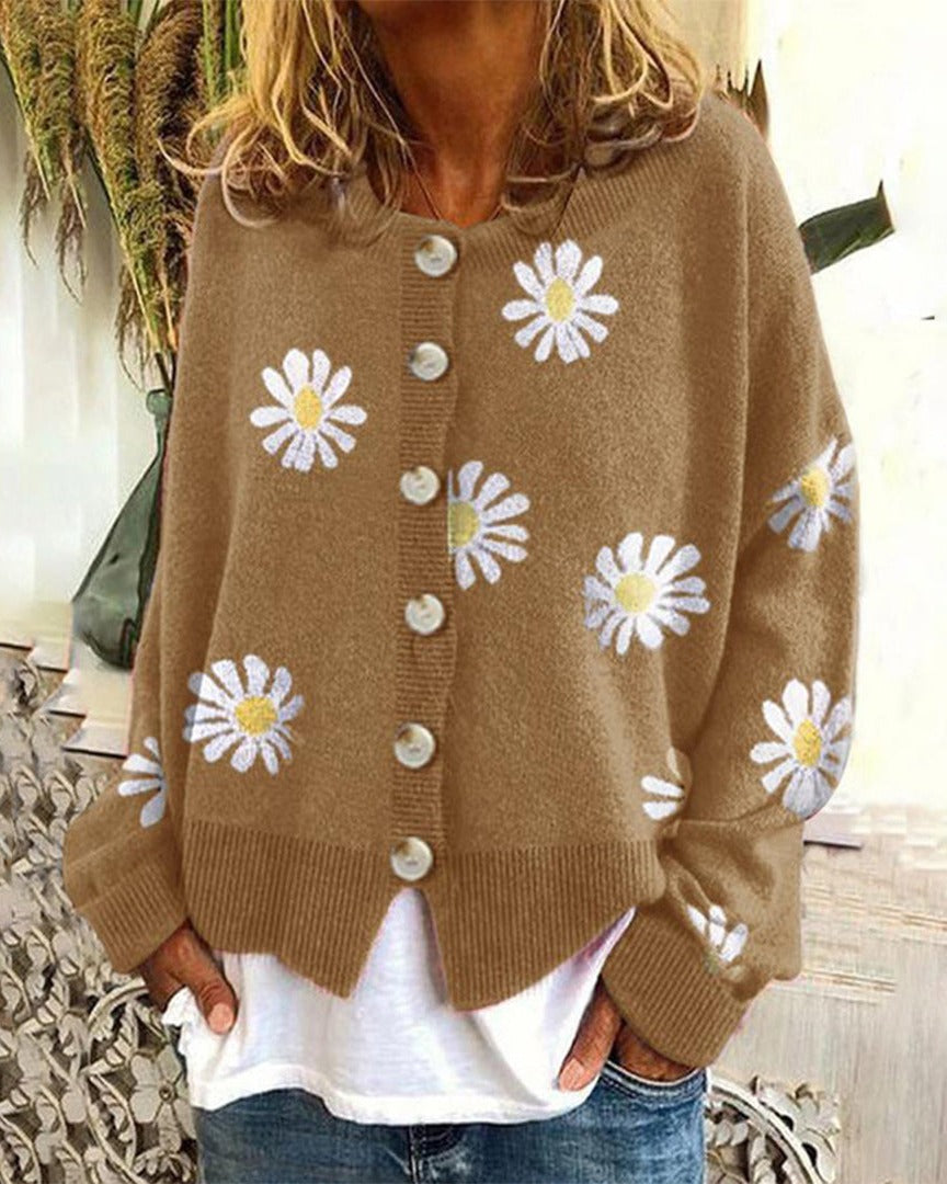 Women's Daisy Print Knit Cardigan - Khaki, front view