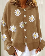 Women's Daisy Print Knit Cardigan - Khaki, detail view