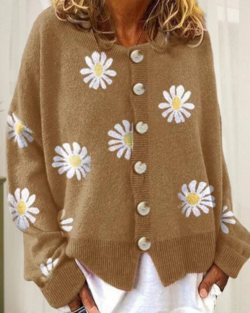Women's Daisy Print Knit Cardigan - Khaki, detail view