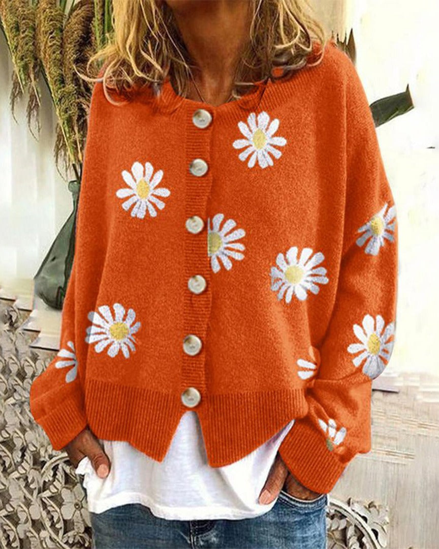Women's Daisy Print Knit Cardigan - Orange, front view
