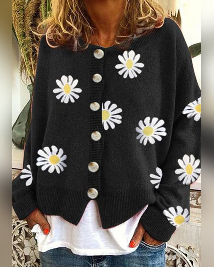 Women's Daisy Print Knit Cardigan - Black, front view
