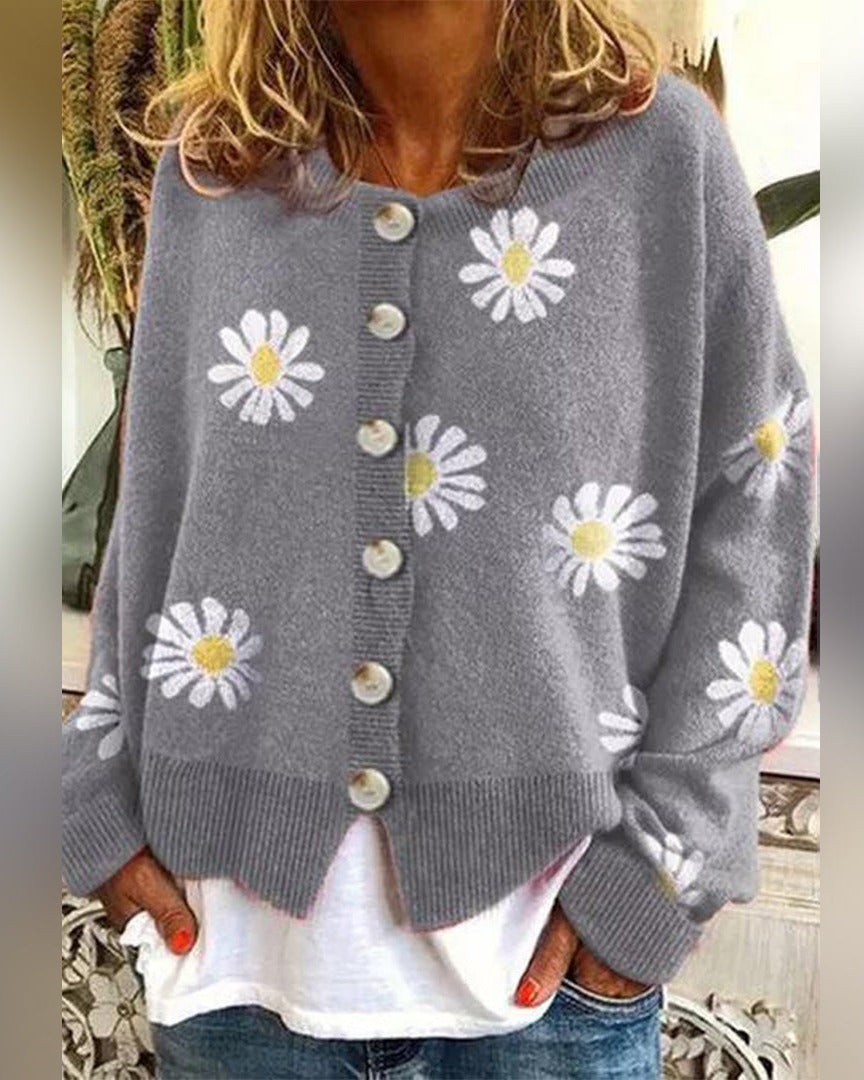 Women's Daisy Print Knit Cardigan - Grey, front view